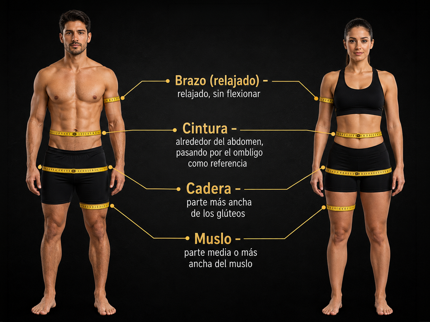 Guía visual para medir cintura, cadera, brazo relajado y muslo